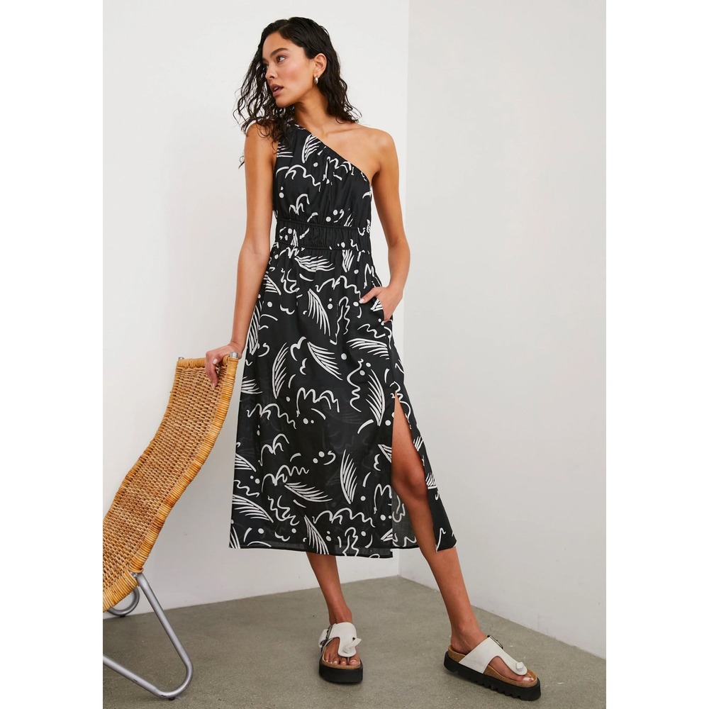 Rails Selani Dress Black White One Shoulder Coastal Large‎ Cotton Resort Beach